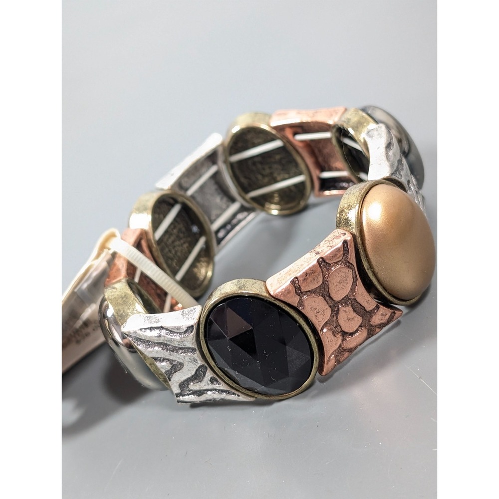Erica Lyons Mixed Metal Black‎ Cabochon Chunky Stretch Bracelet Boho 7 in